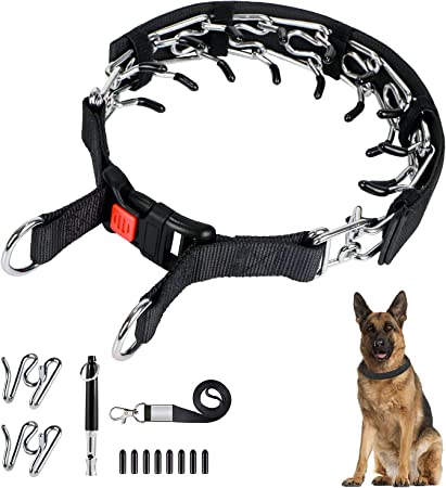 Dog Prong Traing Collar,Choke Pinch Collar for Dogs [2 Extra Links][Dog Whistle][Cover] with Snap Buckle and Rubber Caps, No Pull Dog Collar for Medium Large Breed Dogs [Medium]