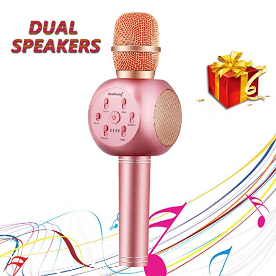 Karaoke Microphone Dual Speakers, Zealsound Karaoke Microphone Wireless Bluetooth, Mixer Control, Music Player, Karaoke Singing Machine for IOS/Android/PC Home KTV Party Birthday (Rose Gold)
