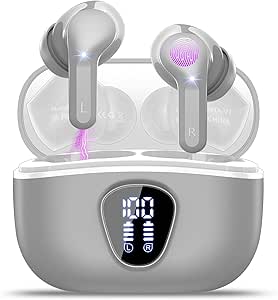 Wireless Earbuds Bluetooth 5.3 Headphones, 40H Playback HiFi Stereo Ear Buds with LED Display, ENC Noise Cancelling Earbuds, IP7 Waterproof in-Ear Earphone for iOS Andriod Sport/Workout/Running/Gray