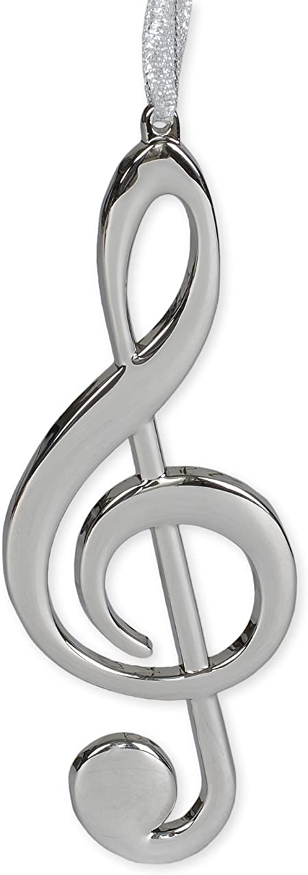 Broadway Gift Silver Treble Clef Music Instrument Replica Christmas Ornament, Size 5 inch