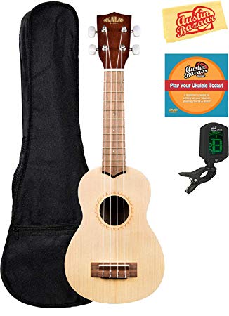 Kala KA-15S-S Satin Spruce Soprano Ukulele Bundle with Gig Bag, Tuner, Austin Bazaar Instructional DVD, and Polishing Cloth