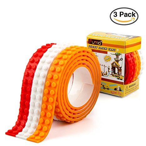 Building Block Tape for Lego Bricks - Funria Self Adhesive Baseplate Brick Tape for Kids, Non-toxic Cuttable Reusable, Compatible with Major Brands (White, Orange, Red)