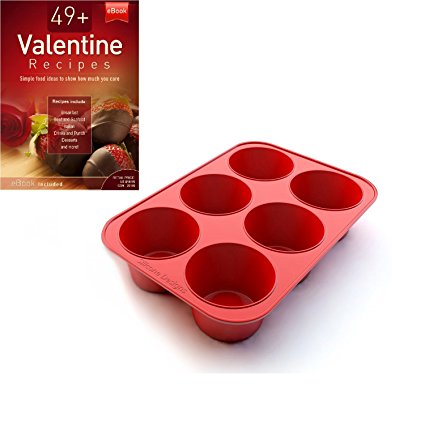 Silicone Texas Muffin Pans and Valentine Cupcake Maker, 6 Cup Large, Set of 1, Commercial Use, Plus Muffins Recipe Ebook