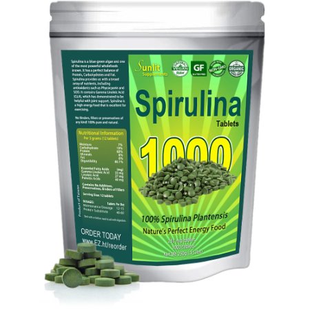 Spirulina Tablets Mega-pack 1000 tablets Organic raw non-GMO 100 Pure Green Superfood Spirulina Plantensis Supplement Maximum Protein and chlorophyll No preservatives or fillers