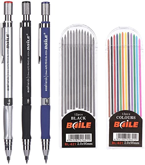 5pcs 2.0 mm Mechanical Pencil Set, 3pcs Automatic Pencils and 2 Cases Lead Refills, Color and Black Refills for Draft Drawing, Writing, Crafting, Art Sketching Student Gift Office School Stationery