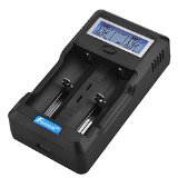 Foxnovo F-2 2-Slots Li-ion Ni-MH Ni-CD Sound Prompt Battery Capacity Testing LCD Intelligent Battery Charger with US-plug Adapter 12V Car Adapter for 26650 22650 18650 18500 18490 17670 17650 17500 16340 14500 10440 Ni-MH and Ni-CD A AA AAA C SC Rechargeable Batteries Black