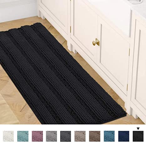 Bath Mats for Bathroom Non Slip Luxury Chenille Striped Bath Rug Runners 47x17 Absorbent Non Skid Fluffy Soft Shaggy Rugs Washable Dry Fast Plush Area Carpet Mats for Bath Room, Tub - Jet Black