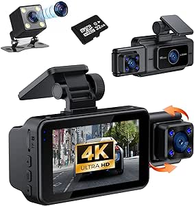 Dash Cam,4K 1080P Dash Cam Front and Inside, Dash Camera with 32GB Card, 3.0 'IPS Screen Dash cam,170° Wide Angle,3 Channel Dash Cam Built-in G-Sensor,Loop Recording,WDR,Night Vision,24H Parking Moni