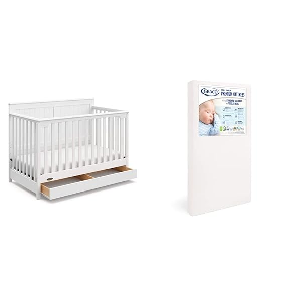 Graco Hadley Convertible Crib and Mattress Set, White | Includes 4-in-1 Convertible Crib with Drawer, Premium Foam Crib and Toddler Mattress