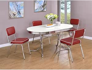 Coaster Home Furnishings Retro 1950s Soda Fountain Diner 5-Piece Dining Room Set Oval Table White Laminate Top Red Faux Leather Upholstered Dining Side Chairs Sturdy Steel Chrome Base 2065-S5R