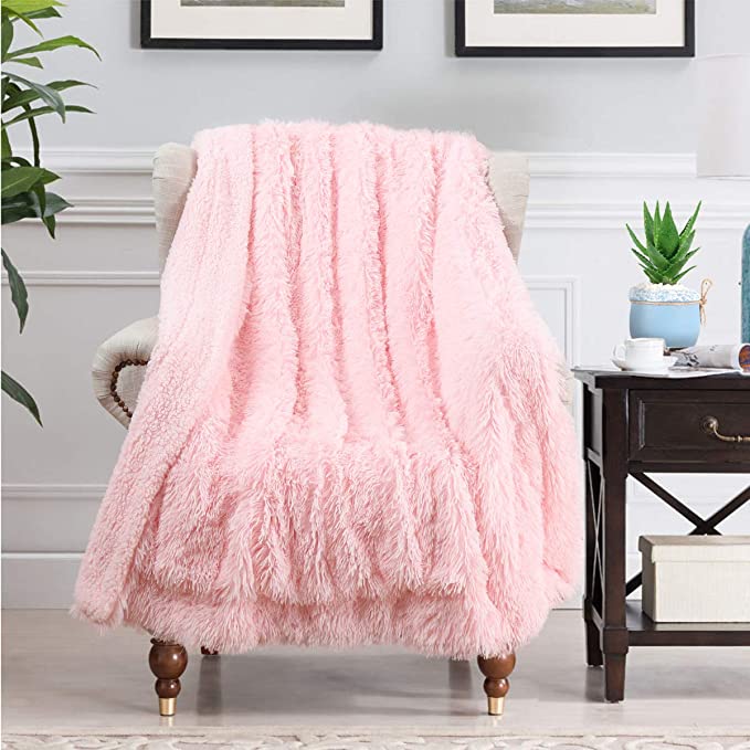 UEEE Super Soft Shaggy Warm Plush Throw Blanket Fluffy Long Faux Fur Decorative Blankets for Couch Bed Chair Photo Props Pink(51"x63")
