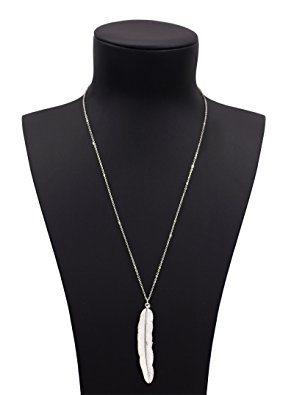 Geerier Simple Silver Metal Chain Pendant Feather Necklace With Crystal Synthetic Diamond