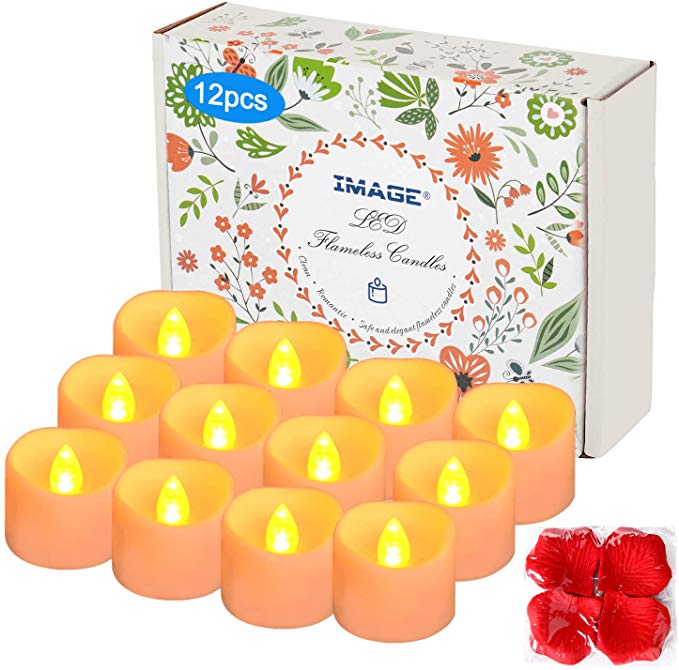 IMAGE Battery Tea Lights with Timer,Flickering Candles 12PCS 6hrs on and 18hrs Off in 24 Hours Cycle Automatically Timing LED Candles Lights with 100 PCS Decorative Fake Rose Petals-Amber Yellow