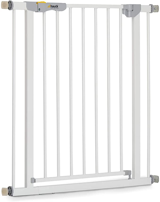 Hauck Autoclose N Stop, Pressure Fit Stair Gate 75 - 80 cm, Auto Close Safety Gate with Magnetic Closure, with Colour Indicator, Extendable up to 122 cm, NO Screws, Metal - White