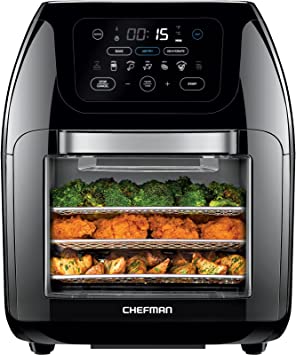 Chefman Multifunctional Digital Air Fryer  Rotisserie, Dehydrator, Convection Oven, 17 Touch Screen Presets Fry, Roast, Dehydrate & Bake, Auto Shutoff, Accessories Included, XL 10L Family Size, Black