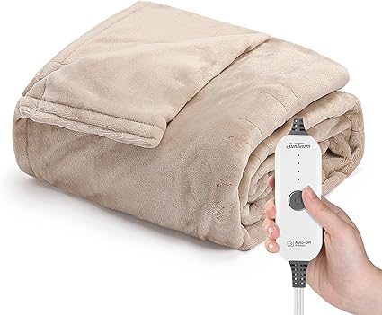 Sunbeam Ultimate Cozy Royal Posh Velvet Hand & Foot Pocket Heated Throw Electric Blanket, 50" x 72", 4 Heat Settings, 4-Hour Auto Shut-Off, Warming Throw for Couch or Bed, Machine Washable, Stone Buff