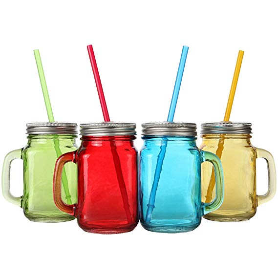 Assorted Colors Mason Jar Mugs with Tin Lid and Plastic Straws. 16 Oz. Each. Old Fashion Drinking Glasses - Pack of 4. By Lily's Home