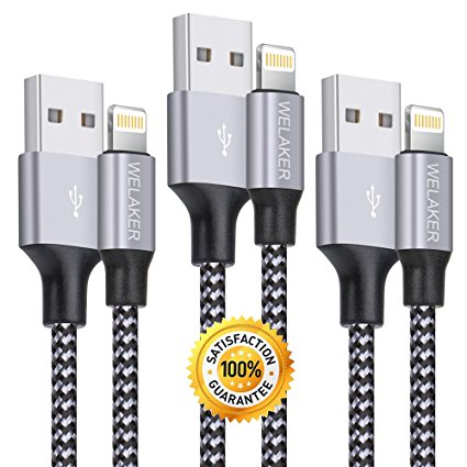 iPhone Charger, WELAKER 3PACK 6Feet Nylon Braided Charging Cables Cell phone Cord Lightning to USB Cable for iPhone X 8 8 Plus 7 7Plus 6s 6s Plus 6 6Plus 5 5s 5c SE iPad iPod & More (Gray)