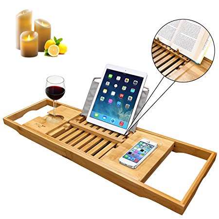 UPGRADED 2017 Bamboo Premium Luxury Bath Caddy - Holds Any Book, Magazine, Tablet or Smartphone - Bathtub Tray with Extending Arms