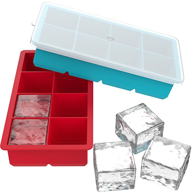 Vremi Large Ice Cube Trays for Whiskey - 2 Pack Silicone Tray Set with BPA Free Plastic Lids for 16 Square Cubes Flexible Stackable Easy Release Freezer Molds for Soap Making or Dog Treats - Red Blue