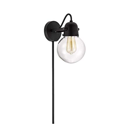 Rivet Mid-Century Modern Glass Globe Plug-In Wall Mount Sconce With LED Light Bulb - 9.5 x 6.25 x 9.75 Inches, Dark Bronze