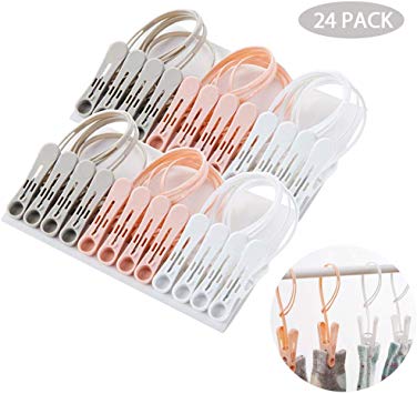 Buluby [24 Pack] Clothes Pins, Outdoor Wind-Resistant Clothespins with Hanging Rope Plastic Laundry Clips