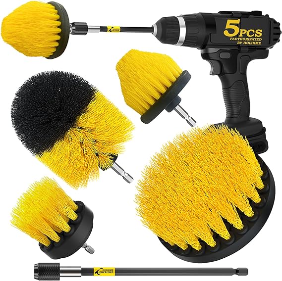 Holikme 5Pack Drill Brush Attachment Set，Power Scrubber Brush Extended Long Attachment for Bathroom Surfaces, Grout, Floors, bathtubs, Showers, Tiles, Kitchens and Cars，Yellow