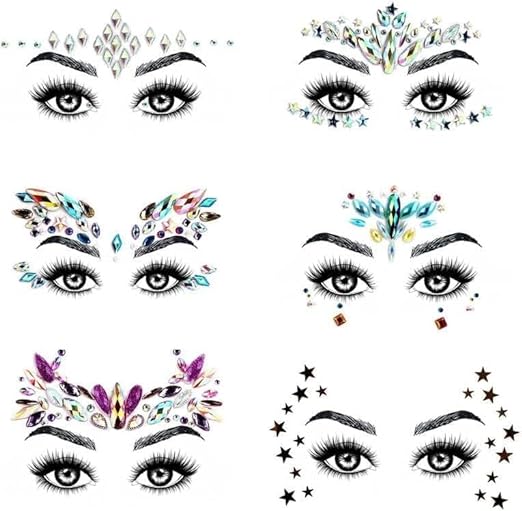 URAQT Face Gems Glitter, 6 Pcs Rhinestone Face Glitter, Crystals Face Stickers for Eyes, Self-Adhesive Body Temporary Tattoos for Party, Rave Festival
