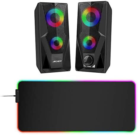 ARCHEER Computer Speakers 10W RGB Gaming Speaker with Enhanced Stereo LED Light, RGB Mouse Pad, Soft Extra Extended Large Mouse Pad, Anti-Slip Rubber Base, Computer Mouse Mat - 31.5 X 11.8Inch