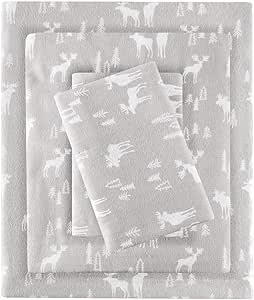 Woolrich Cotton Sheet Set Cottage Charms Print, 100% Cotton Flannel Sheets Warm & Fuzzy Bedding Set Cal King Size Sheets, Fitted Pocket Fits Up to 14" Mattress, Cal King Grey Moose, 4 Piece