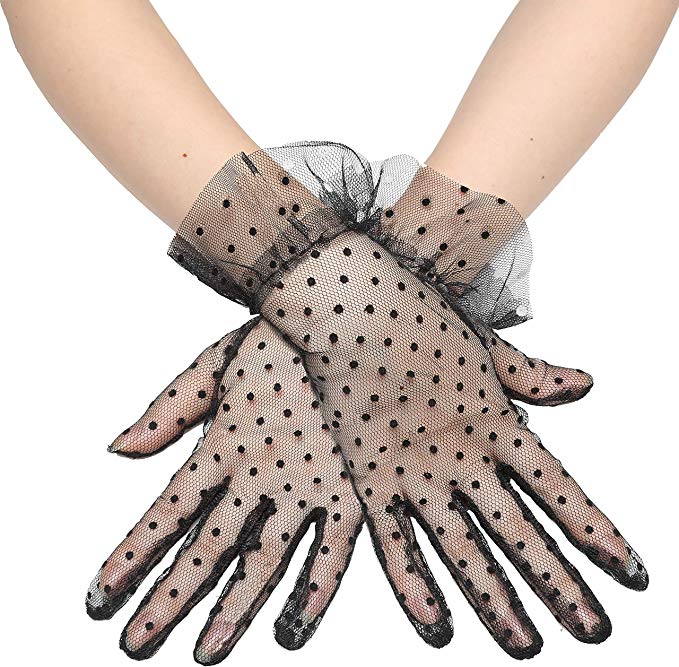 BABEYOND 1920s Short Tulle Dot Gloves Black Opera Gloves Prom Evening Gloves