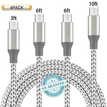 DANTENG Micro USB Cable,4Pack 3FT 6FT 6FT 10FT Long Premium Nylon Braided Android Charger USB to Micro USB Charging Cable Samsung Charger Cord for Samsung Galaxy S7 Edge S7 S6 S4,Note 5 4 Grey White