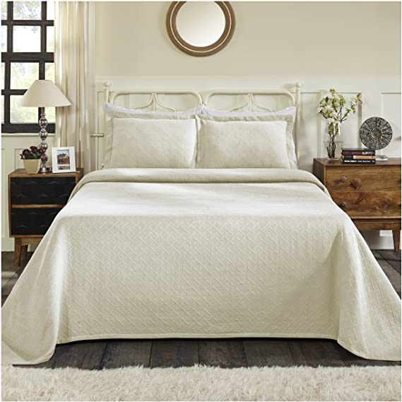 Superior 100% Cotton Basket Weave Bedspread with Sham, All-Season Premium Cotton Matelassé Jacquard Bedding, Quilted-look Geometric Basket Pattern - Twin, Ivory