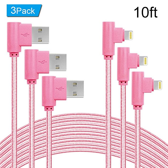 ANSEIP 90 Degree iPhone Cable 3 Pack Right Angle lightning Cable USB Charger Cords Fast Charging and Data Sync for iPhone X/8/7/6/5 iPad (Rose Glod - 10FT)