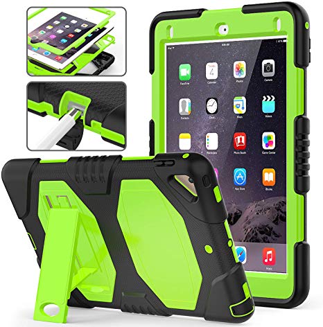 iPad 9.7 5th 6th Generation Case,iPad Pro 9.7 Case, iPad Air 2 Case,3 Layer Full Body Heavy Duty Shockproof Rugged Protective Case with Kickstand for iPad A1566/ A1567/A1673/A1674/A1675(Green)