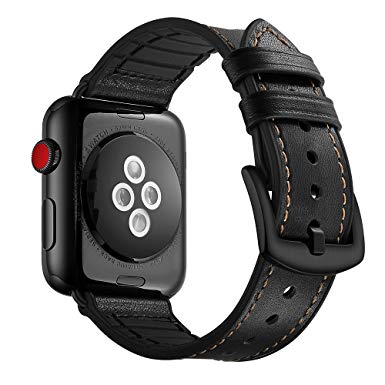 Sweatproof Hybrid Leather Sports Watch Band Vintage Replacement Bands for Apple Watch iwatch Series 1 2 3 4 Black Replacement Straps with Black Stainless Steel Buckle Clasp(Black(Black, 42mm/44mm)