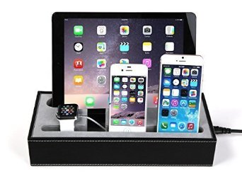 4 in 1 Apple Watch Stand and Iphone iPad Charging Station MultipleIphone iPad Charging DockSmartphone Desk Charging StationKonsait Black Leatherette Apple Watch Charging Stand Cradle Holder