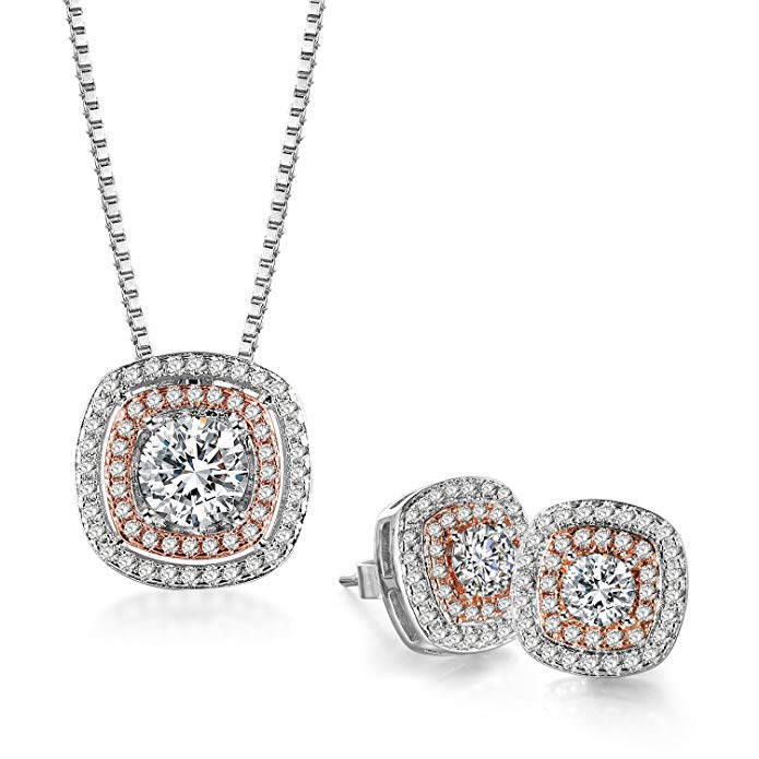 THEHORAE Jewelry Set Rose White Gold CZ Pendant Square Necklace Stud Earrings Sets for Birthday Gift,Crystals from Swarovski