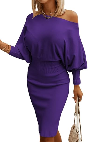 Dokotoo Women's Elegant Off Shoulder Long Lantern Sleeve Sweater Dress Elastic Waist Bodycon Mini Dresses