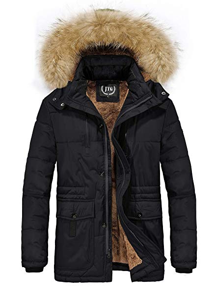 JYG Men's Winter Thicken Puffer Jacket Faux Fur Lined Quilted Coat with Removable Hood