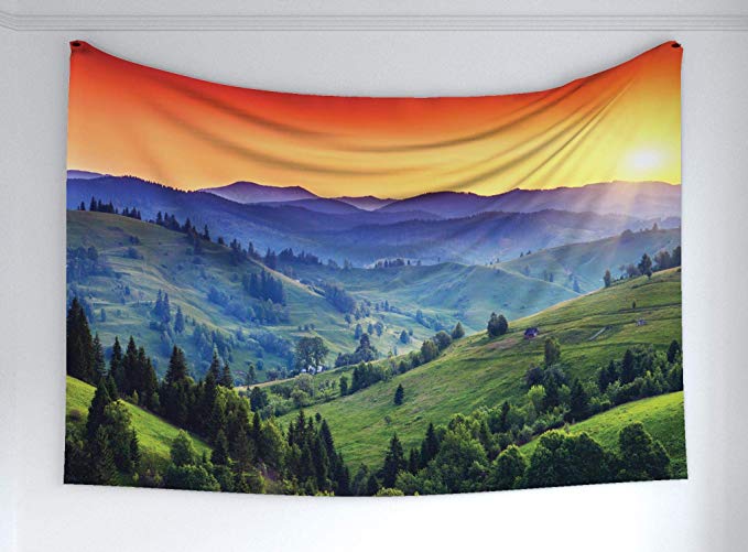 Ambesonne Mountain Tapestry, Colorful Sunset in European Countryside Landscape Rural Trees Greenery, Fabric Wall Hanging Decor for Bedroom Living Room Dorm, 60 W X 40 L Inches, Orange Green Blue