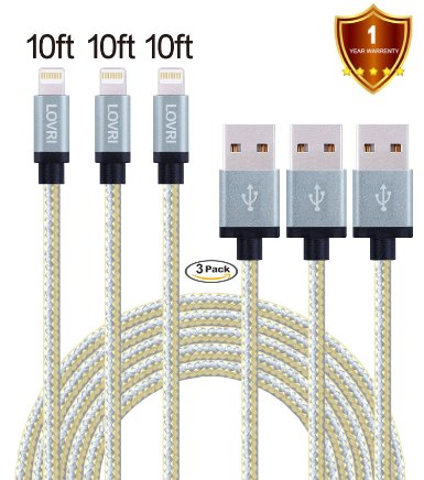 LOVRI 3Pack 10ft Apple Lightning Nylon Braided Charging Cord 8 Pin USB cords for iPhone 6s 6 Plus 5s 5c 5, iPad Pro, Air 2, iPad mini 4 3 2, iPod touch 5th gen / 6th gen / nano 7th gen [gray &gold]