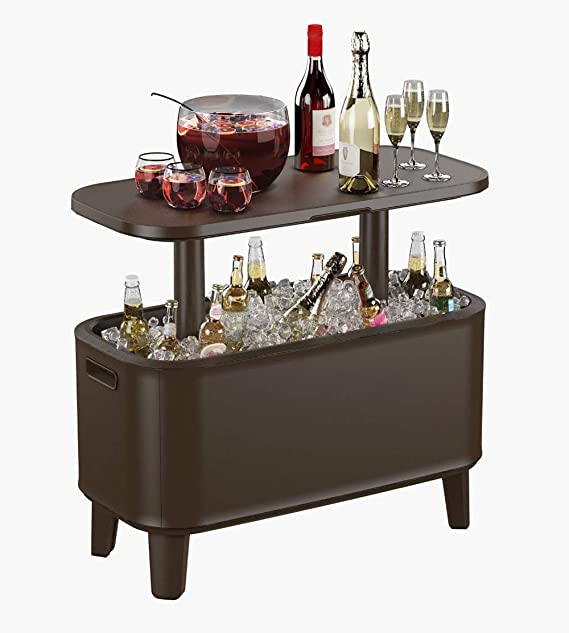 Keter Breeze Bar Outdoor Patio Furniture and Hot Tub Side Table with 17 Gallon Beer and Wine Cooler, Espresso Brown