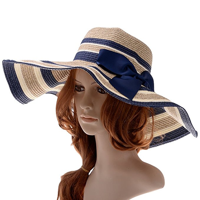 Vbiger Beach Hat Straw Hat Wide Brim Hat Bowknot Mixed-color Stripe Floppy Hats