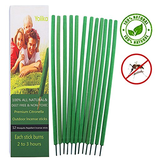 Mosquito Repellent Incense Sticks with 100% Natural Citronella & Lemongrass by Yolika -DEET Free Bug Repeller for Outdoor Garden Yard -Burn 2 To 3 Hours Each£¨12 Pack£