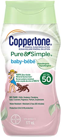 Coppertone Pure & Simple Baby Mineral Sunscreen Lotion, Hypoallergenic, Spf 50, 177 Milliliters