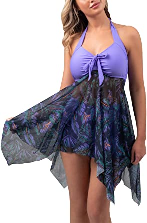 MiYang Womens Tankini Swimdress with Boyshorts Two Piece V Neck Bowknot Halter Bathing Suit Dress