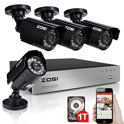 ZOSI Home Security System 8CH HD-TVI 1080N DVR 4PCS 1280TVL 720P 65ft 20m IR Night Vision Outdoor Surveillance Waterproof IP66 CCTV Camera Kits with 1TB Hard Disk