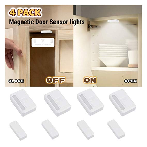 Amagle 4 Pack Magnetic Door Sensor Wireless Closet Light Stick Led Puck Lights Lighting for Wardrobe Drawer Cupboard Cabinet Window Hotel Kitchen Basement Garage (AAA Batteries Operated Not Included)