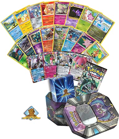 31 Random Pokemon Cards - 1 EX Ultra Rare, 5 Rares, 5 Holographics, 19 Common/Uncommons, 1 Random Booster Pack - Includes Collectible Pokemon Tin and Golden Groundhog Deck Storage Box